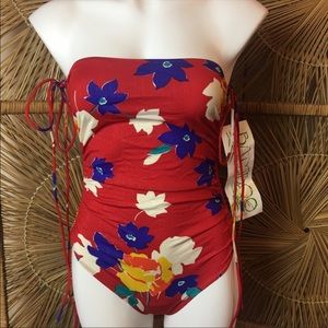 Vintage 80s Red Floral Hawaiian 🌺 Bamboo Swimsuit